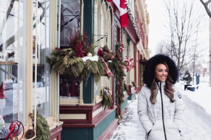 Nicole Servenis walking down the streets of Old Town Niagara-on-the-Lake during winter.