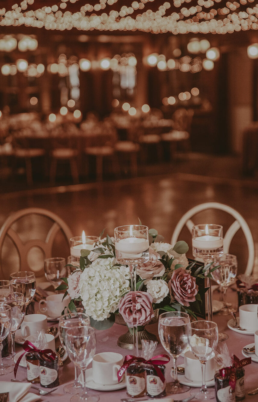 Floral centerpieces at the Upper Canada Hall Ballroom wedding venue at the Pillar & Post in Niagara-on-the-Lake