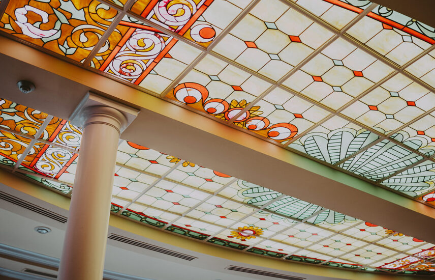Glass stained ceiling at Tiara Restaurant at the Queens Landing Hotel in Niagara-on-the-Lake