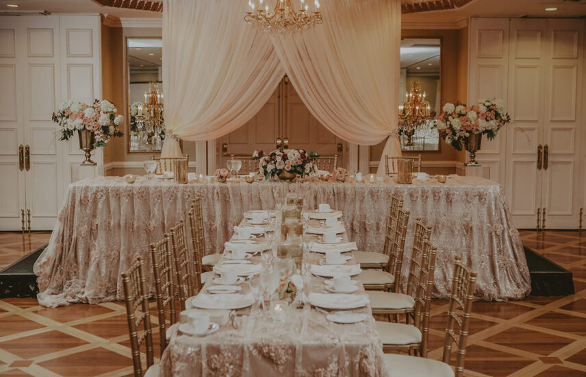 Romantic floral decor at Georgian Ballroom wedding venue at the Queens Landing Hotel in Niagara-on-the-Lake