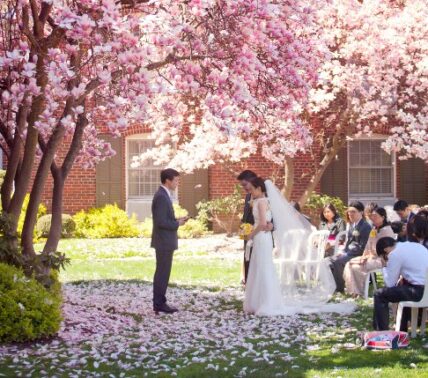 Couple getting married at the Courtyard Rose Garden wedding venue at the Pillar & Post in Niagara-on-the-Lake