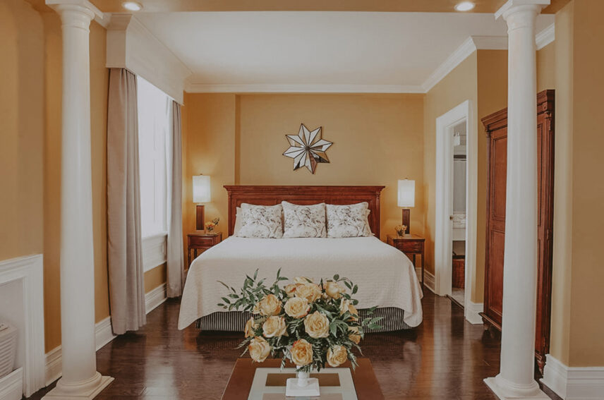 The bedroom of the signature garden suite at Inn on the Twenty in Jordan Village, ON.