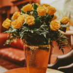 Mango colored roses in lobby at the Pillar & Post Hotel in Niagara-on-the-Lake
