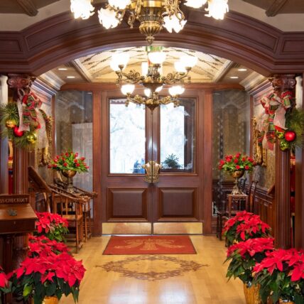 Christmas decorations in the lobby of the Prince of Wales Hotel