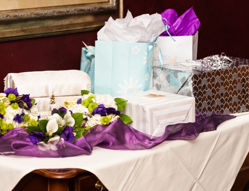 Registry gifts on a table at a Vintage Hotels wedding venue.
