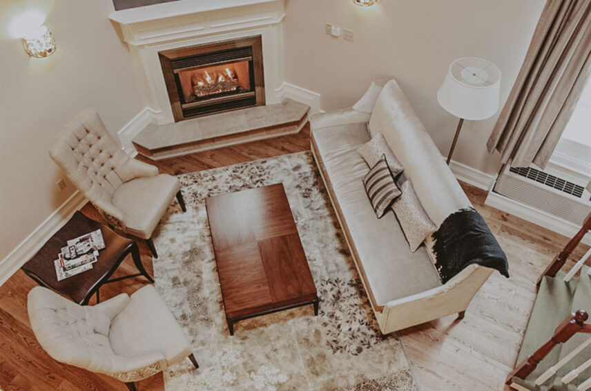 Overhead of seating area in Vintner’s Loft Guest Suite at Inn On The Twenty in Jordan Village