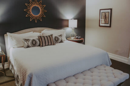 Luxurious bedroom in Vintner’s Loft Guest Suite at Inn On The Twenty in Jordan Village