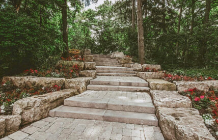 Water View Garden wedding venue with stone staircase with interlocking bricks at the Queens Landing Hotel in Niagara-on-the-Lake