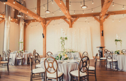 The Barn wedding reception venue decor at the Pillar & Post Hotel in Niagara-on-the-Lake