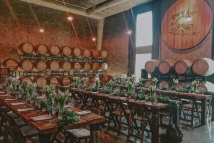 Wedding Reception in the barrel room at the hare wine co in niagara on the lake
