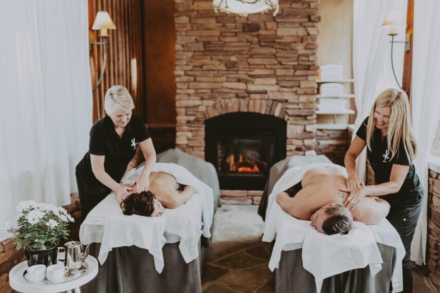 A couple receiving a massage at 100 Fountain Spa in Niagara-on-the-Lake.