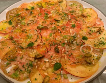 Heirloom tomato and nectarine carpaccio recipe from Headwaters Restaurant