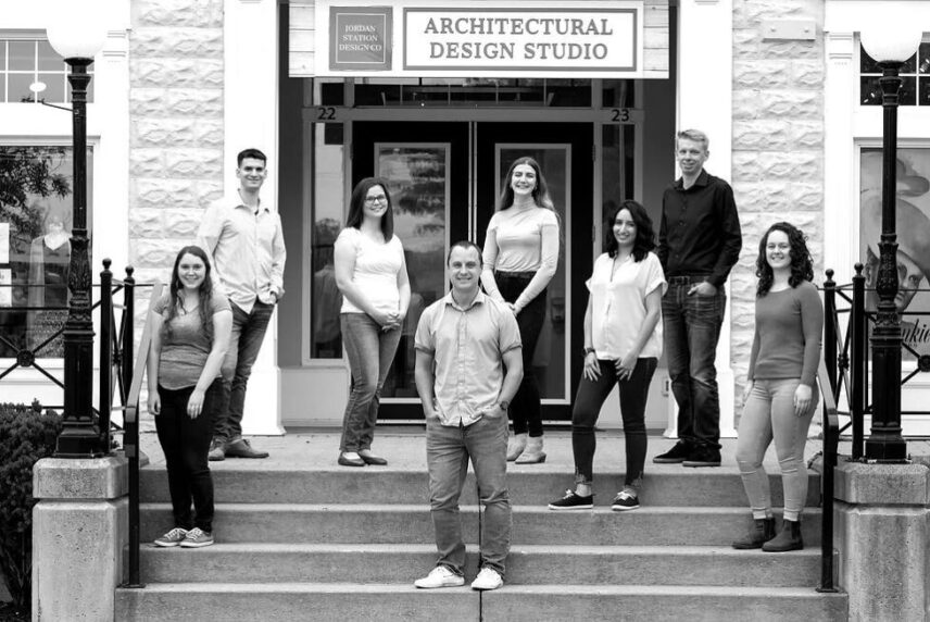 The Jordan Station Design Co. team standing outside their office in the Niagara Benchlands.