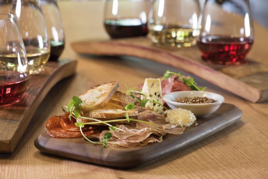 A flight of wines and charcuterie served at Cave Springs Vineyard in Jordan.