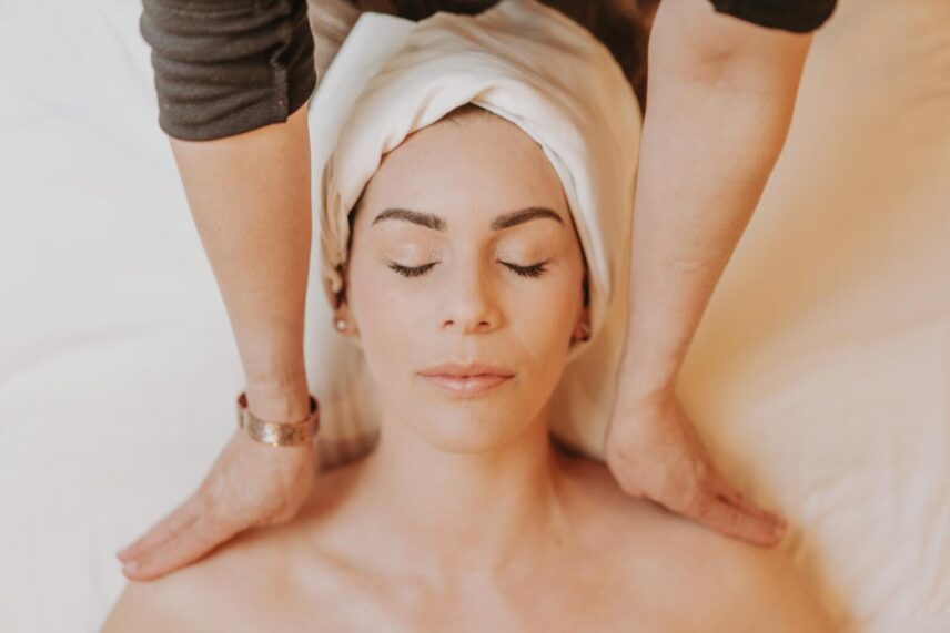 A mom receiving a facial at 100 Fountain Spa in Niagara-on-the-Lake.