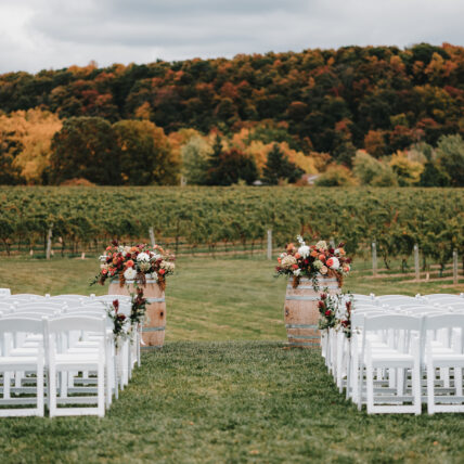 An outdoor ceremony space for a winery wedding at Cave Spring Vineyard