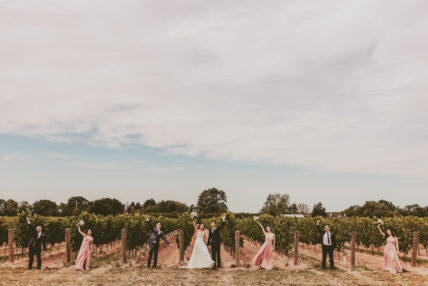 Photo shoot of a wedding party in a vineyard by a Vintage Hotels property.
