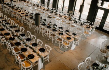 Long harvest table wedding reception set-up at Queenston Mile Vineyard