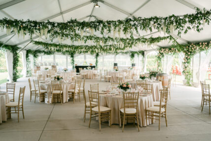 A decorated wedding tent with vines draped across the top.