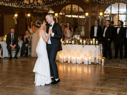 Bride and groom dancing at their winter wedding at Pillar and Post