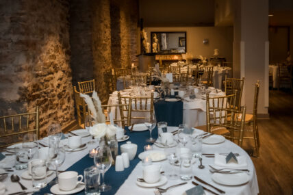 Tables set for a winter wedding reception at Millcroft Inn & Spa