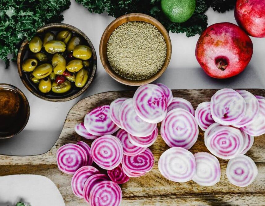 Preparign Chiogga beets for a Icewine poached Chioggia Beet Tart.