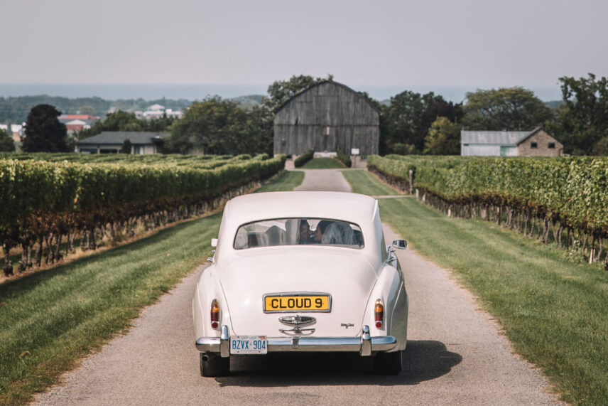 A couple departing from their wedding ceremony at Cave Spring Vineyard.