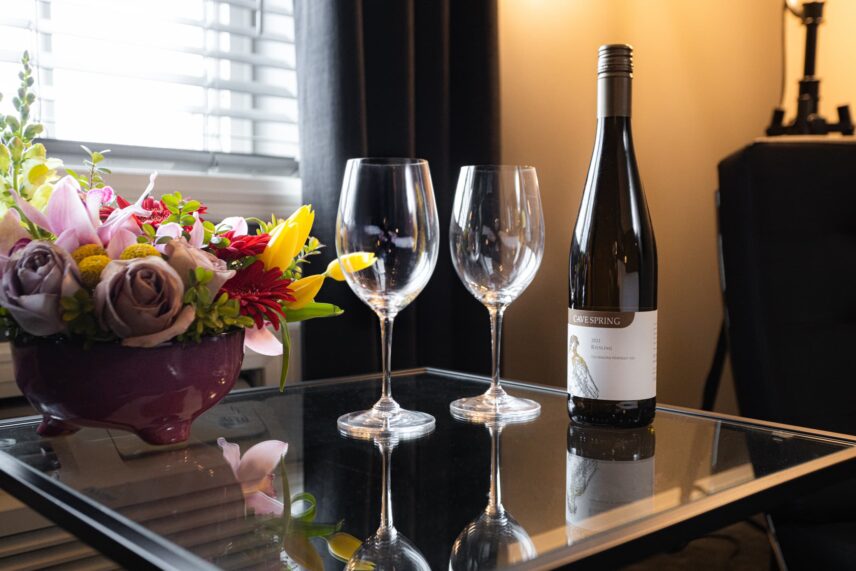 Cave Springs Riesling Wine at Jordan House, a Vintage Hotels property in Niagara-on-the-Lake, Ontario.