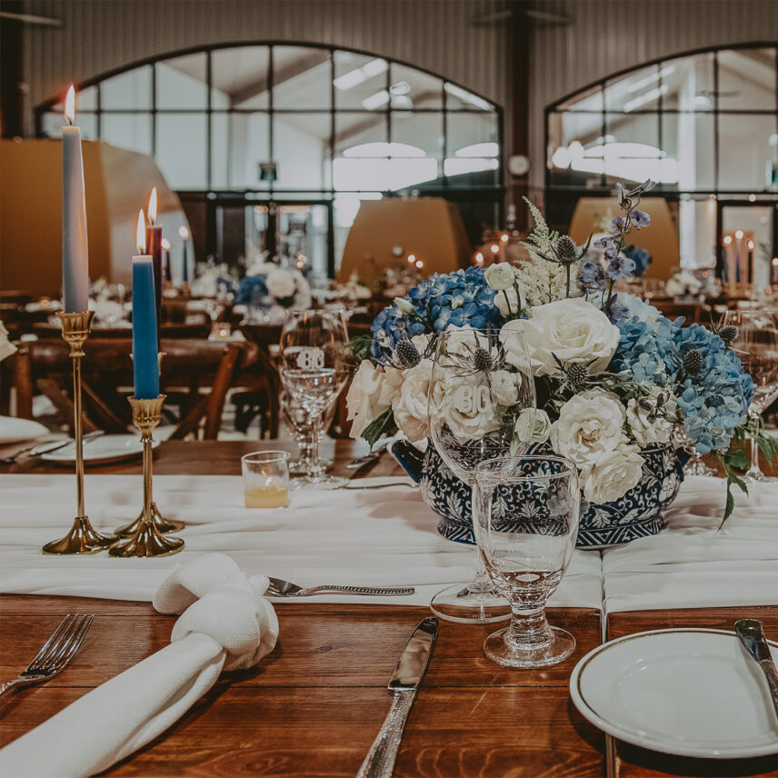 Flower bouquet set out on a wedding banquet table at Big Head Wines in Niagara-on-the-Lake.
