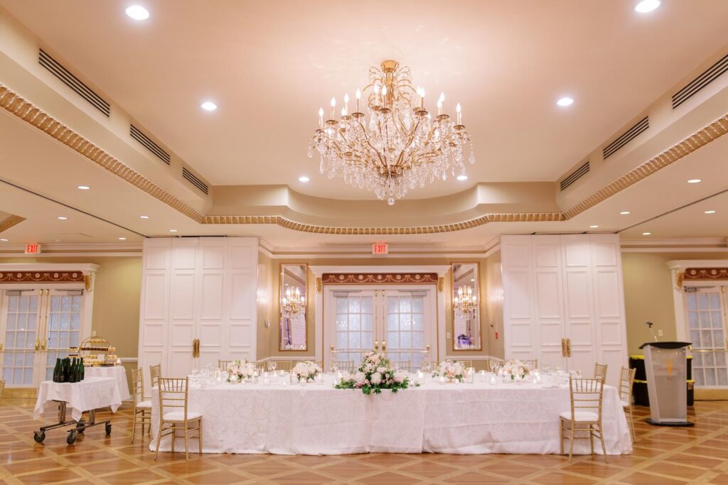 The wedding party table in the Georgian Ballroom at the Queen’s Landing hotel in Niagara-on-the-Lake.