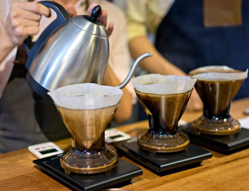 A barista preparing a coffee tasting flight in Niagara-on-the-Lake.