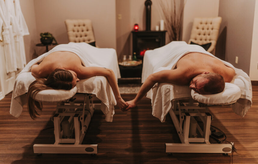 A couple enjoying a couples' spa treatment during a Valentine's Day getaway in Niagara.