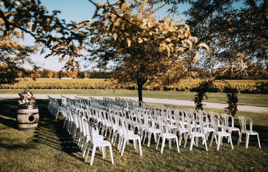 Fall vineyard wedding ceremony at winery wedding venue Chateau des Charmes in Niagara on the Lake