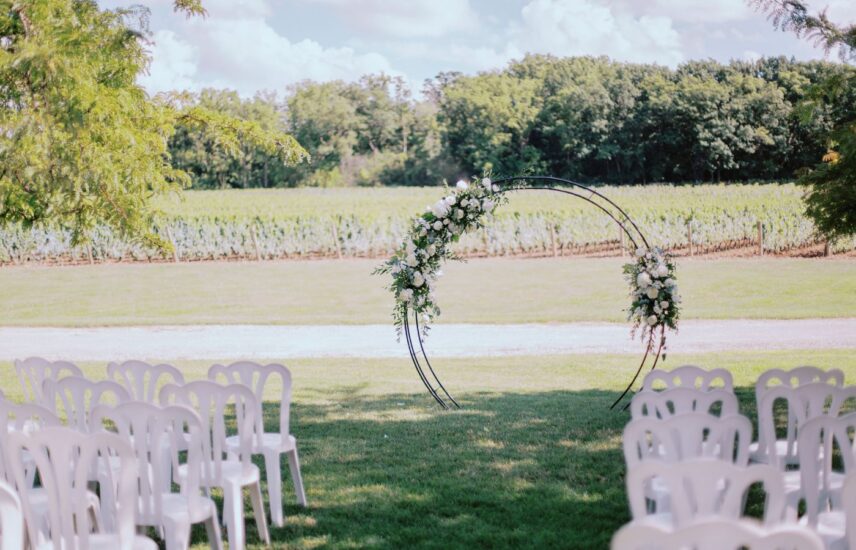 Spring vineyard wedding ceremony at Chateau des Charmes a winery wedding venue in Niagara on the Lake