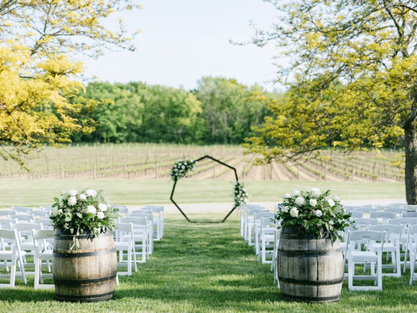 Spring vineyard wedding ceremony at Chateau des Charmes winery in Niagara on the Lake