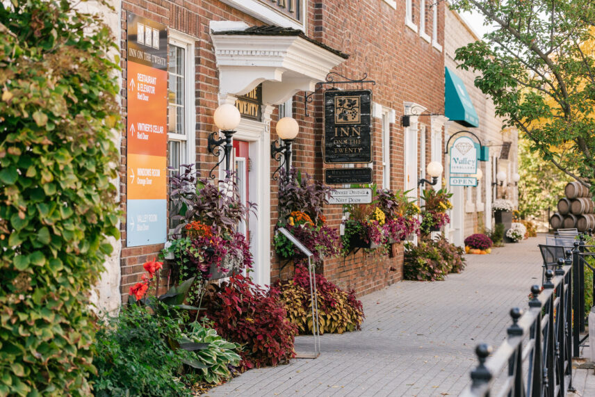 Streetscape of Jordan Village, Ontario with shops, Inn On The Twenty, and scenic surroundings