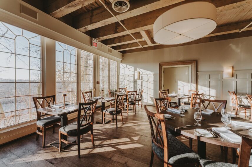 Restaurant seating with large windows overlooking Twenty Valley in Niagara Benchlands