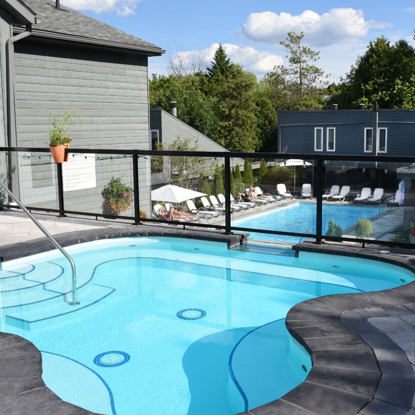 the outdoor hot spring pools at Millcroft Inn and Spa during a May getaway