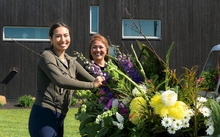 Floral designers installing large-scale blooms at Niagara-on-the-Lake In Bloom festival