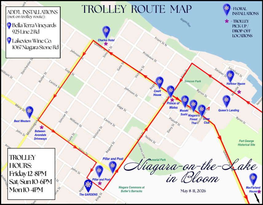 Niagara-on-the-Lake In Bloom 2026 trolley route map showing festival stops, hotels, and floral installation locations