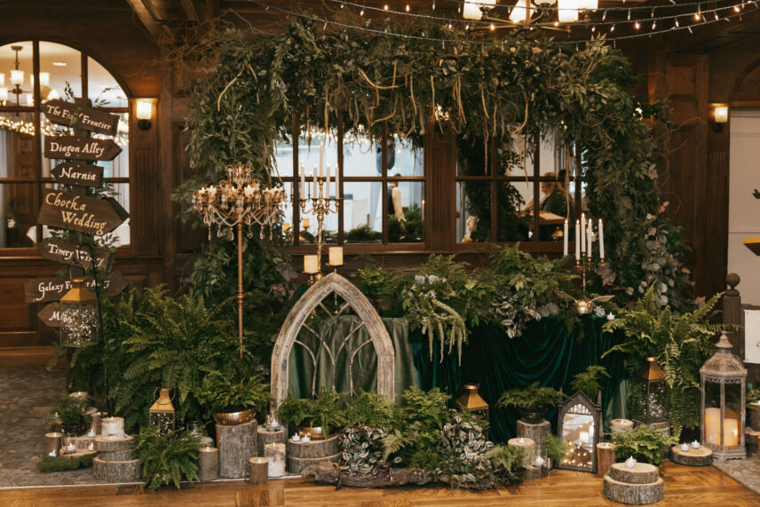 Lord of the Rings themed wedding décor in Upper Canada Hall at Pillar and Post with dramatic styling