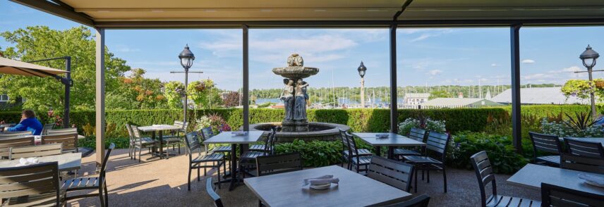 Bacchus Lounge and patio overlooking the Niagara River in Niagara-on-the-Lake.