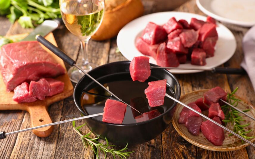 Fondue Vigneronne, a French-style fondue with beef cooked in a fragrant wine broth.