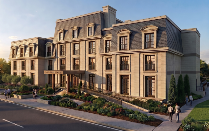 Exterior rendering of Vintage Hotels' new development project for hotel in Jordan Village, Niagara Benchlands