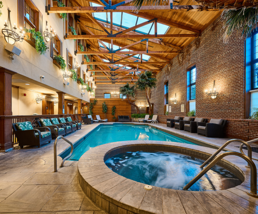 Indoor pool and hot tub at the Pillar and Post hotel in Niagara-on-the-Lake